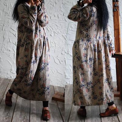 Frauen Vintage Print Floral Baumwolle Kleid Langarm Roben Herbst Lose Weiche Frauen Kleider