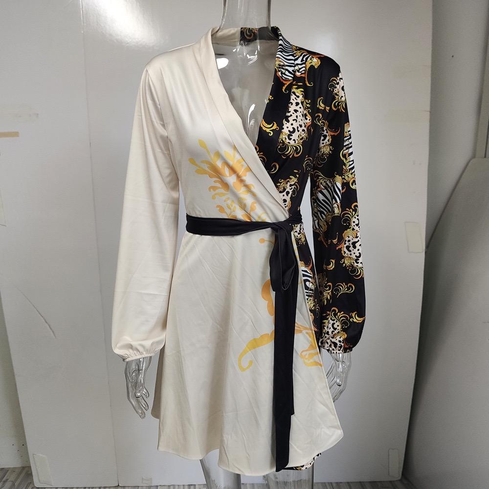 LaAe Up Print Mini Dress Women Fashion V-neck Long Sleeve Dresses for Women OffiAe Elegant A-line Robe Red