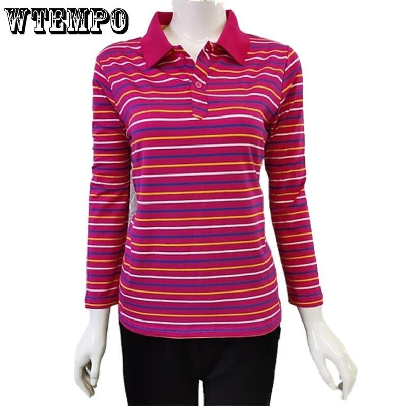 Women's Long-sleeved Cotton Polo Collar Long-sleeved T-shirt Striped Stretch Repair Bottoming Shirt