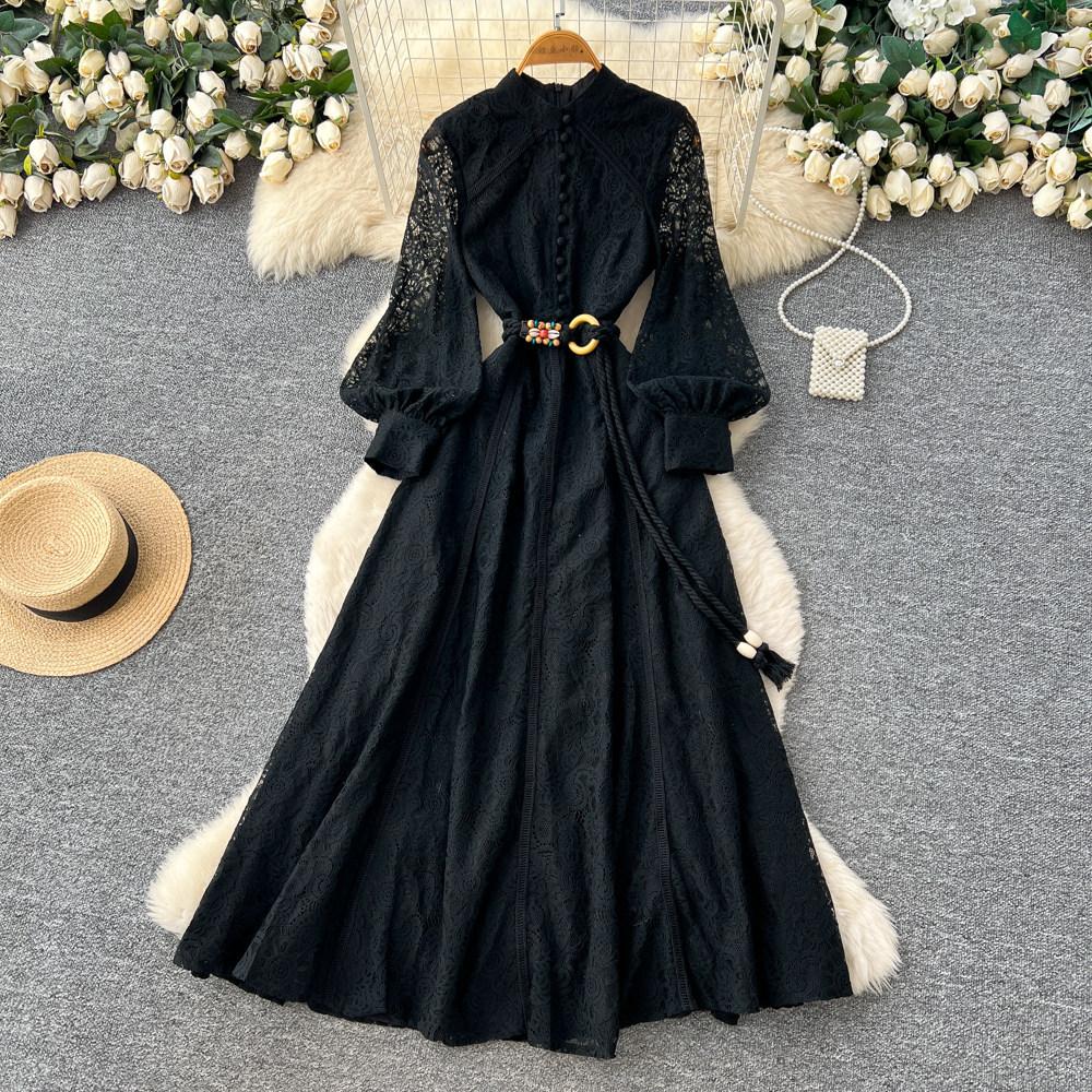 French Elegant Red Lace Hollow Temperament Dress Women's Spring Long-sleeved Waist Slim A-shaped Long Dress Commuting