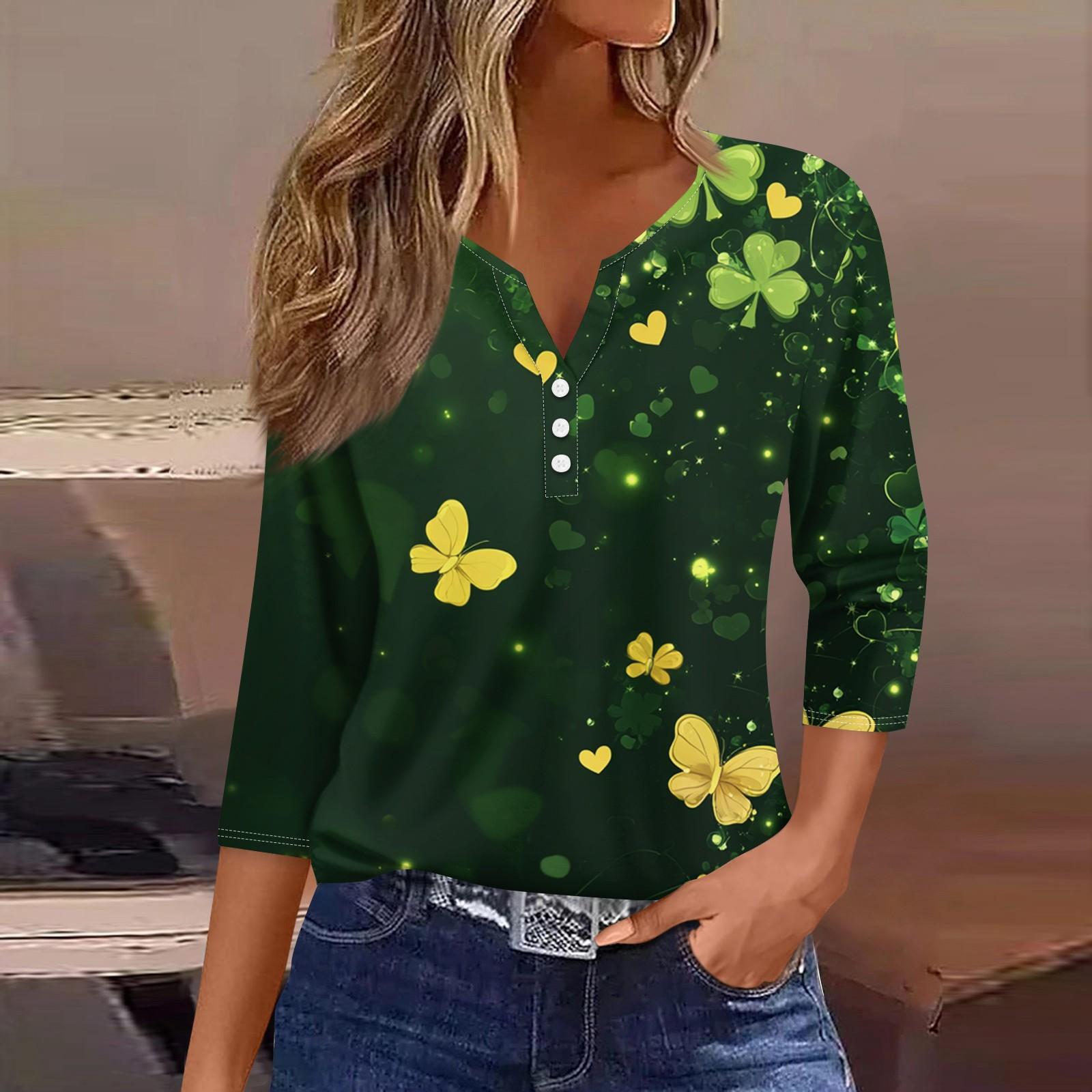 

Жен. Футболка Футболка С принтом Пуговицы Рукав 3/4 Повседневные Выходные Мода Классический V-образный вырез Обычный Топ S