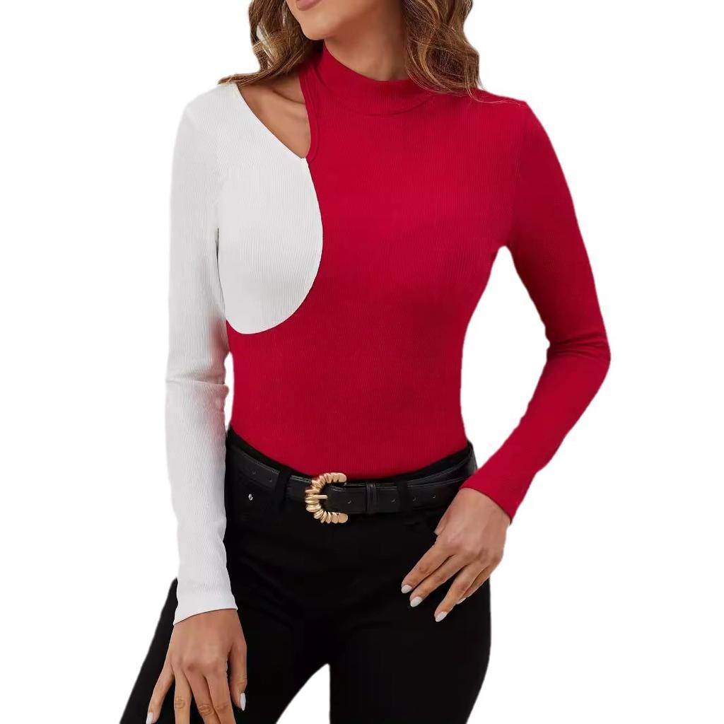 Autumn and Winter Elegant Contrasting Stitching Small Stand Collar New T-shirt Slim Slim Slim Long-sleeved Top Women