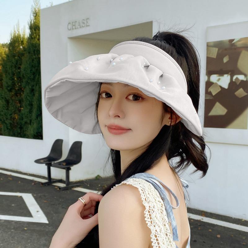 Small Pearl Big Eaves Empty Top Shell Hat Women's Summer Travel Sun Protection Fresh and Elegant Sun Hat Headband Sun Hat