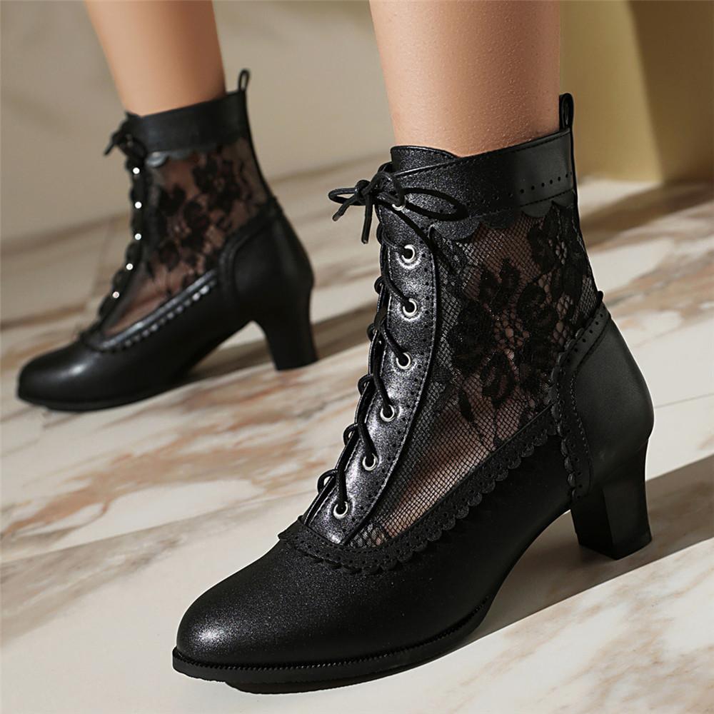 Fashion Women Victorian Ankle Boots Leather Lace Hollow Mesh Heel Shoes for women Fashion Lace-up Spliced Ladies High Heels Woman Boots