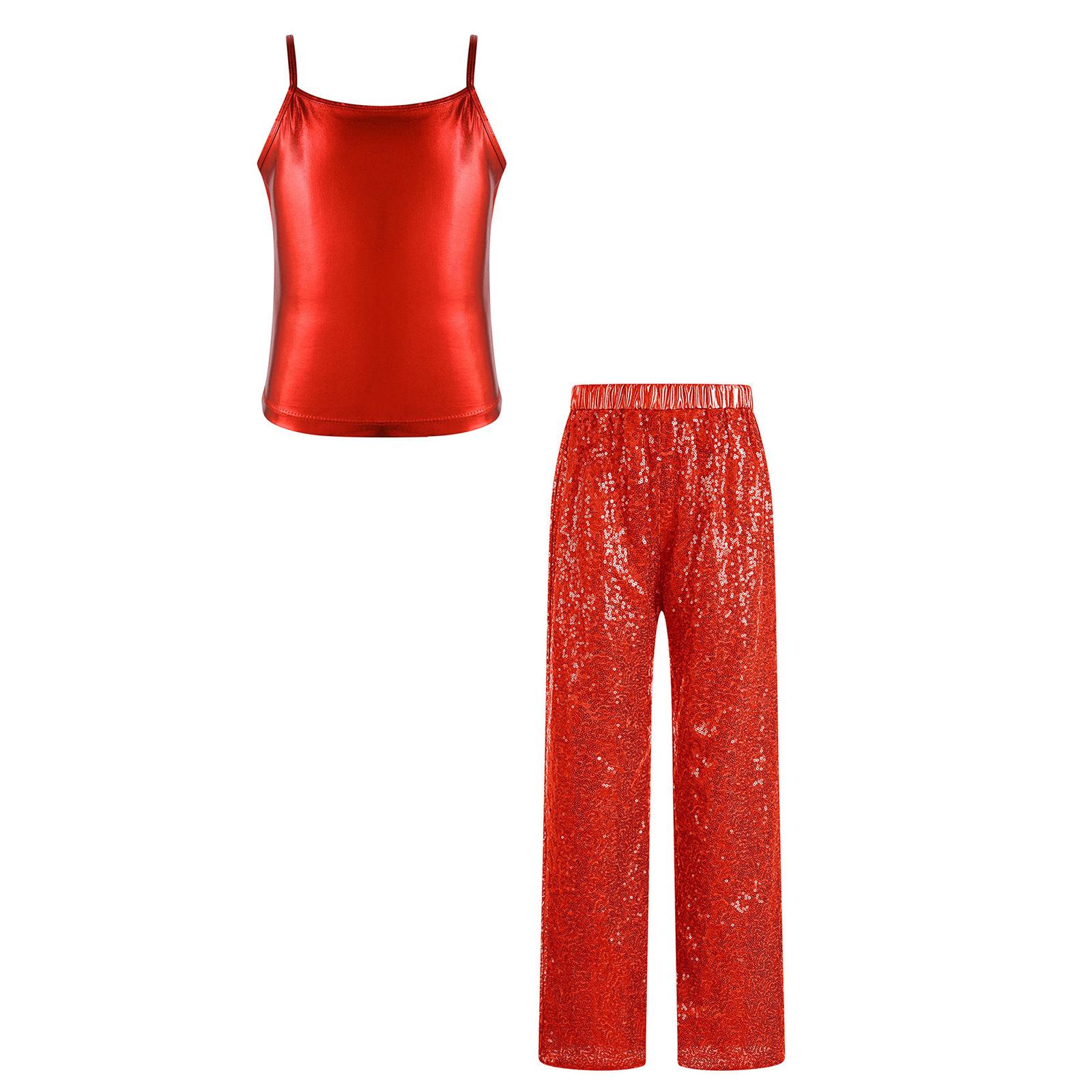

Girls Metallic Camisole Spaghetti Shoulder Straps Sequins Pants Elastic Waistband Jazz Performance Set 5-6 Years червоний