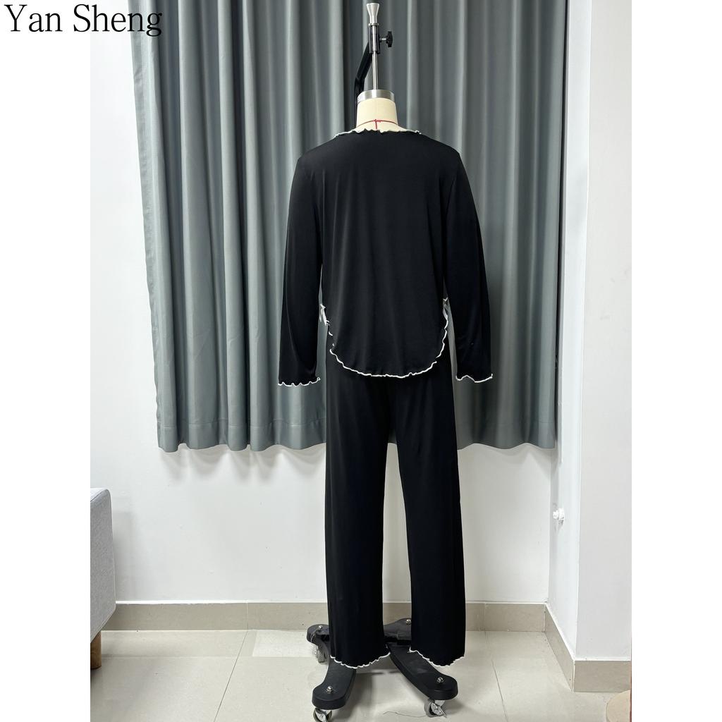 Long Sleeve Pajamas Set Women's Lapel Solid Color Home Clothes Knitted Cardigan Two-Piece Set