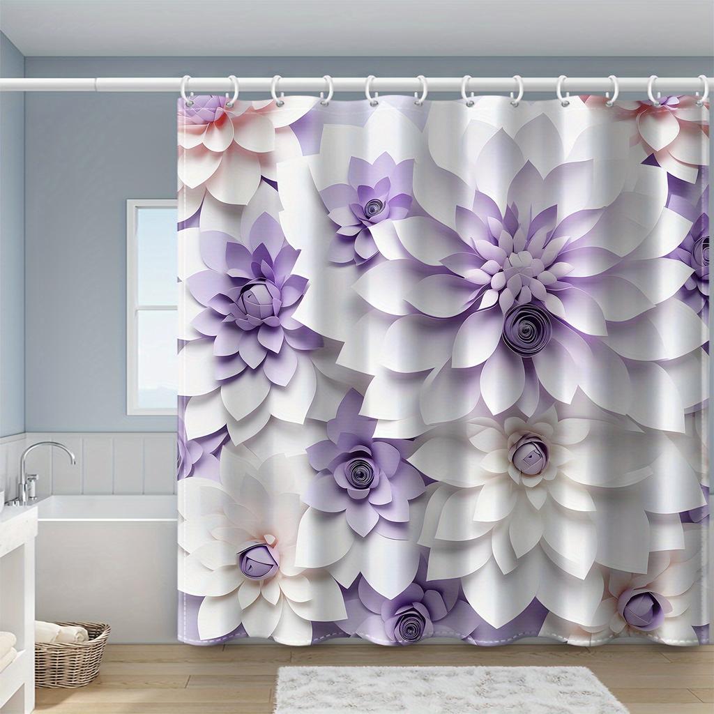 1Pc Gradient Purple Floral Print Shower Curtain With Hooks, Polyester Fabric Machine Washable Art And Floral Design For Bathroom