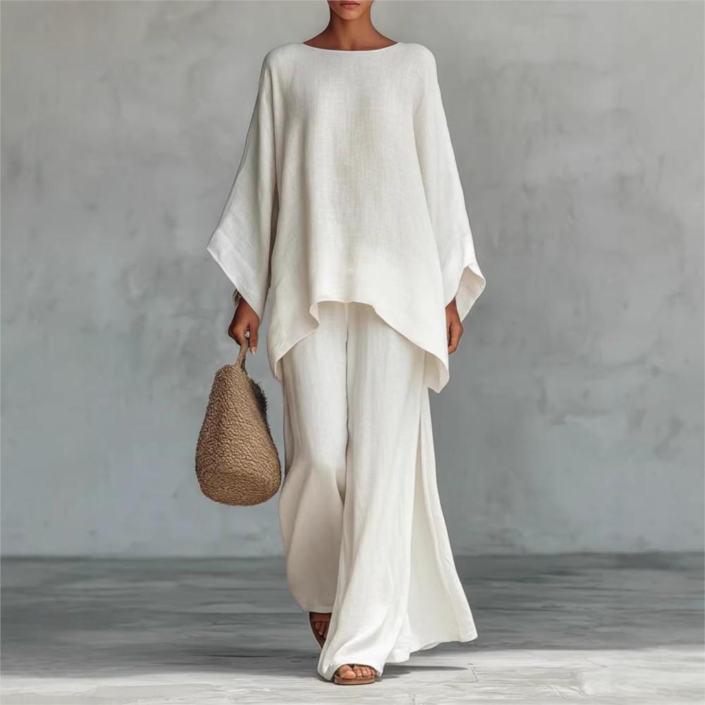 Fashion Linen Loose Long-sleeved Wide-leg Trousers 2-piece Set Women Spring Casual Retro Elegant Female Simple Trousers Suit