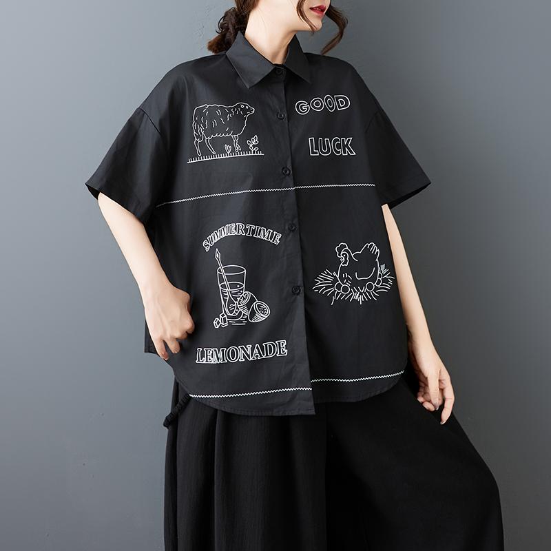 DIMANAF 2026 Plus Size New Spring Summer Blouse Short Sleeve Casual Shirt Women Loose Tops Shirts Cotton Black Print