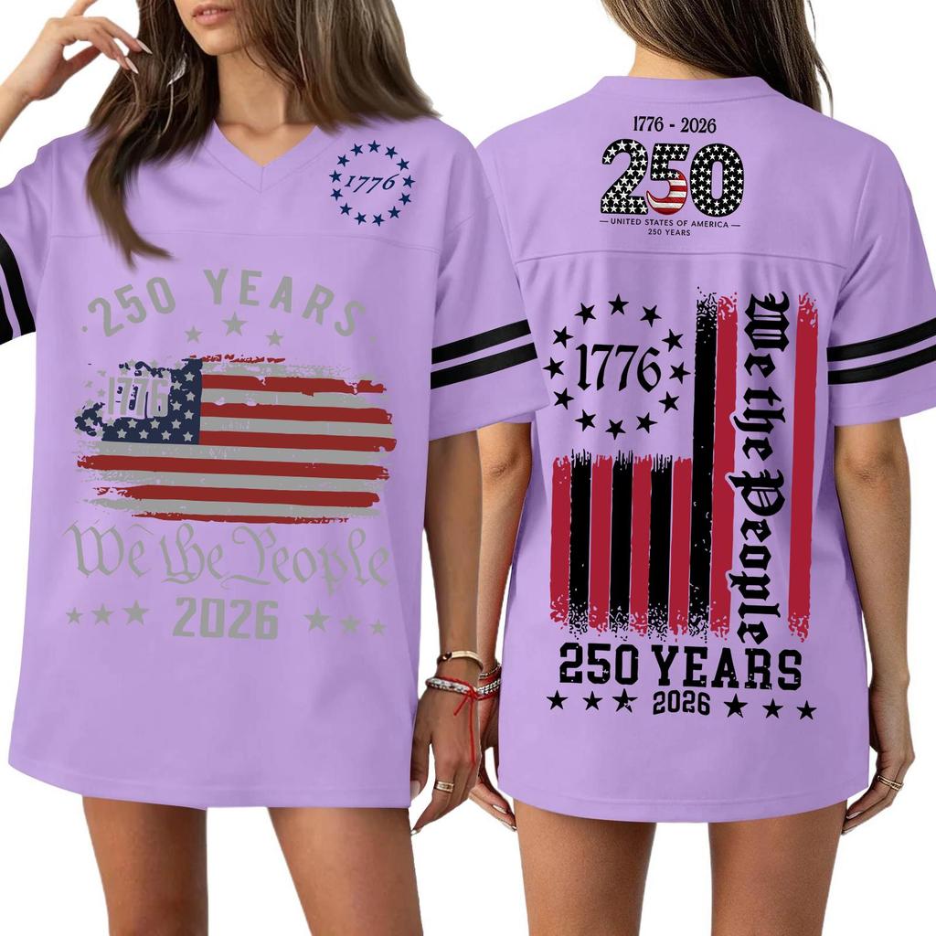 Womens Casual V Neck Jersey Style Short Sleeve Top 250th Anniversary Independence Day Print Loose Fit Sports T Shirt