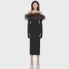 2023 Black Spring Ostrich Feather One-Shoulder Long Sleeve Bandage Dress for Women