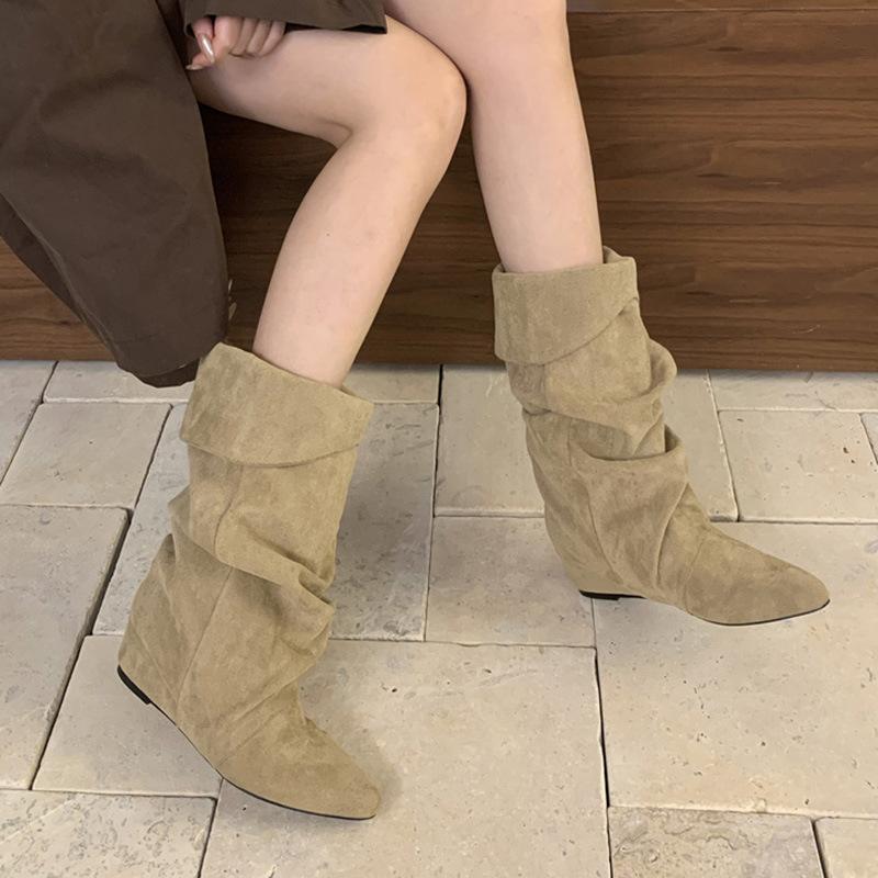 Wedge heel boots autumn and winter new fashion mid-heel inner heightening pointed boots high heels suede pleated piled boots