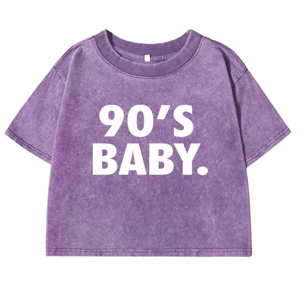90'S Baby.Letter Prints T-Shirts Women Washed Retro O-Neck Tee Shirtcotton Soft Short Sleeve Street Top