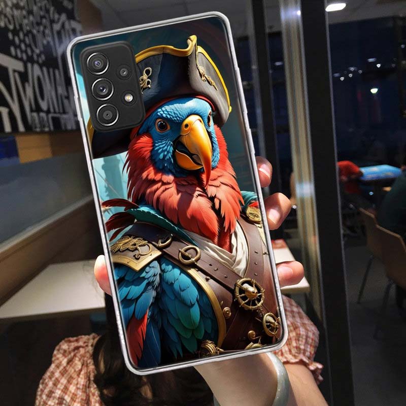 Macaw Pirate Phone Case for Samsung A54 A57 A37 A17 A14 A15 A12 A24 A34 A55 A35 A25 A52S A07 A05S A04S A22 A32 A72 Galaxy Note 2