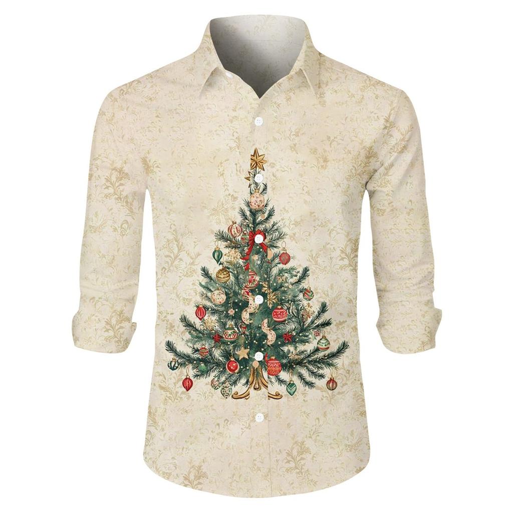 Men's Christmas Shirt Christmas Print Long Sleeve Button Shirt
