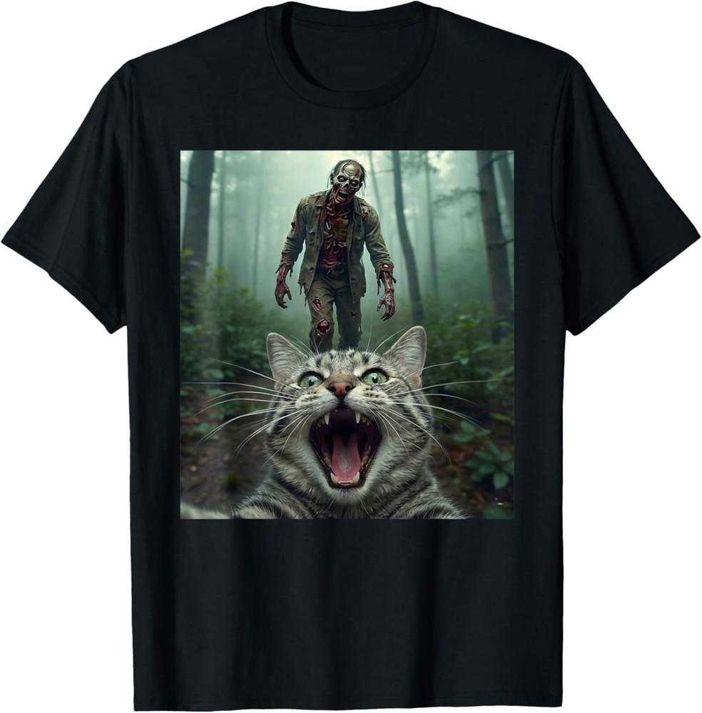 Funny Cat Selfie with Zombie Horror T‑Shirt L
