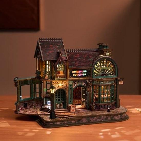 FUNPOLA Magic Bookstore V2 3D Wooden Puzzle LED Light Assembly Kit Advanced Level Difficult DIY Architectural Model Time Killer Adult Use Interior 447