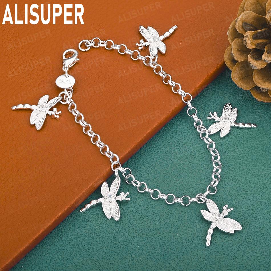 925 Sterling Silver Exquisite Dragonfly Surround Bracelet-Fashion Gift Jewelry 20cm