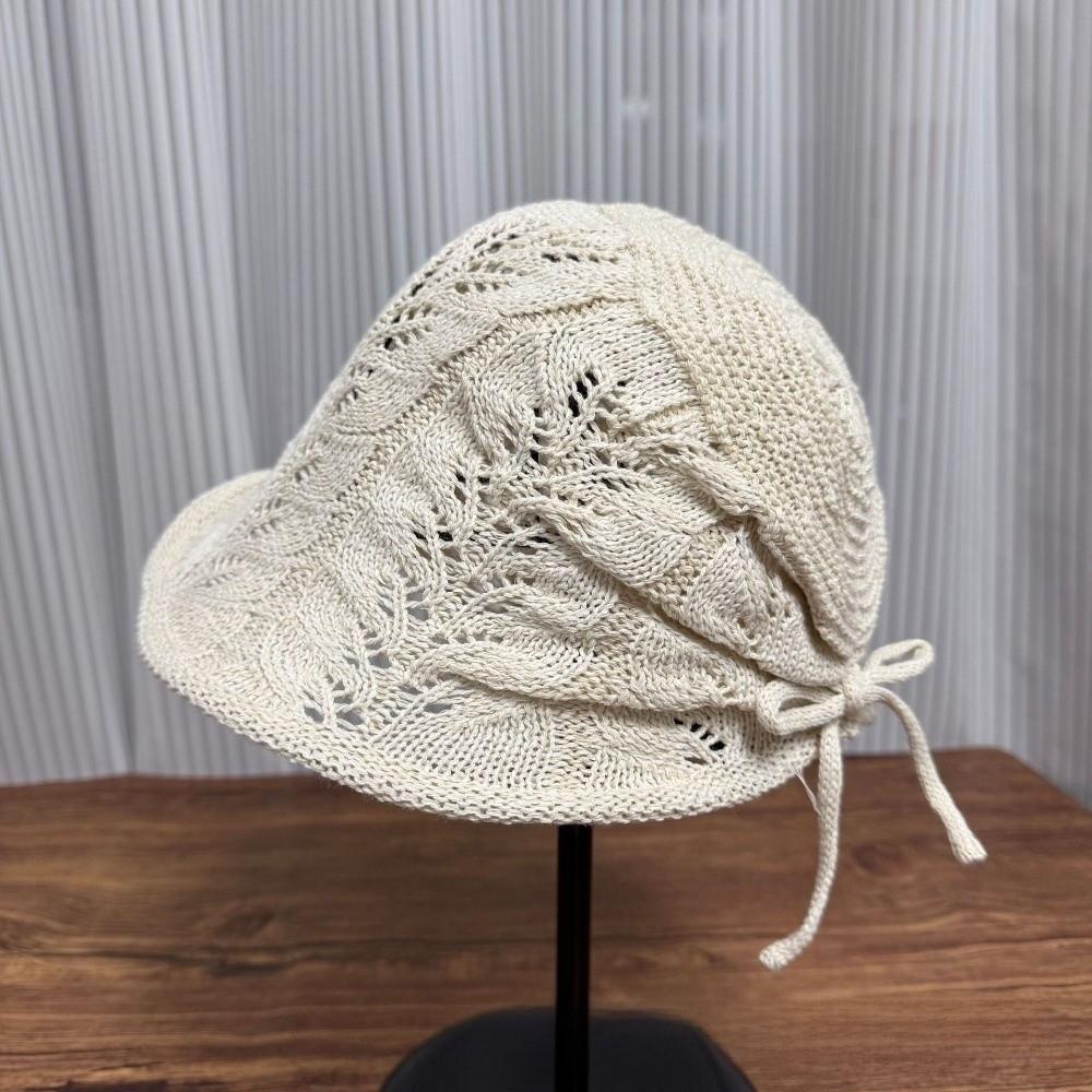 Retro Häkel-Eimerhut mit Lochmuster Sonnenschutz Einfarbige Schirmmütze Weicher verstellbarer gestrickter Fischerhut