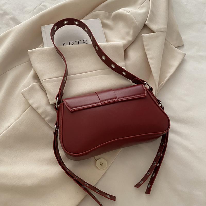 Trendy Motorcycle Punk Style Shoulder Bag for Women Solid Color Fashion Rivet Commuter Small Square Underarm Bag
