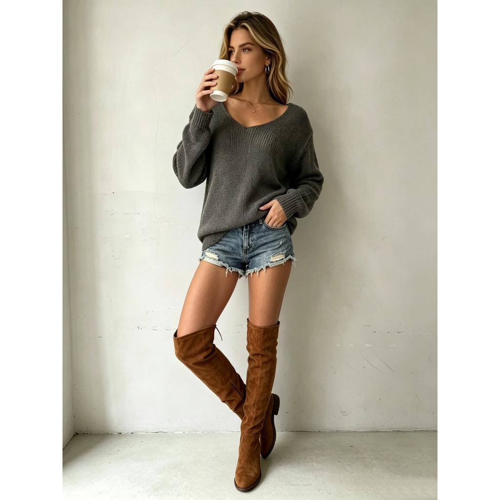 Fall Winter Women's Solid Color Slim Fit Double V-Neck Pullover Sweater Casual Knit Basic Top For European American