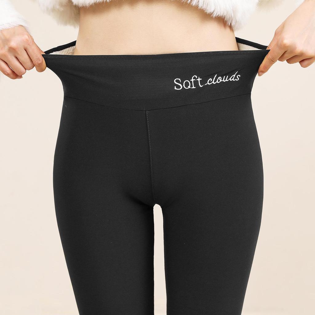 Women's High-Waisted Plus Velvet Lamb Fleece Leggings - Thickened, Plain, Warm, Autumn/Winter