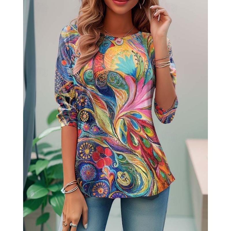 Women's T Shirt Casual Print Long Sleeve Regular Tops Crew Neck Daily White Blue Purple Khaki Spring Fall