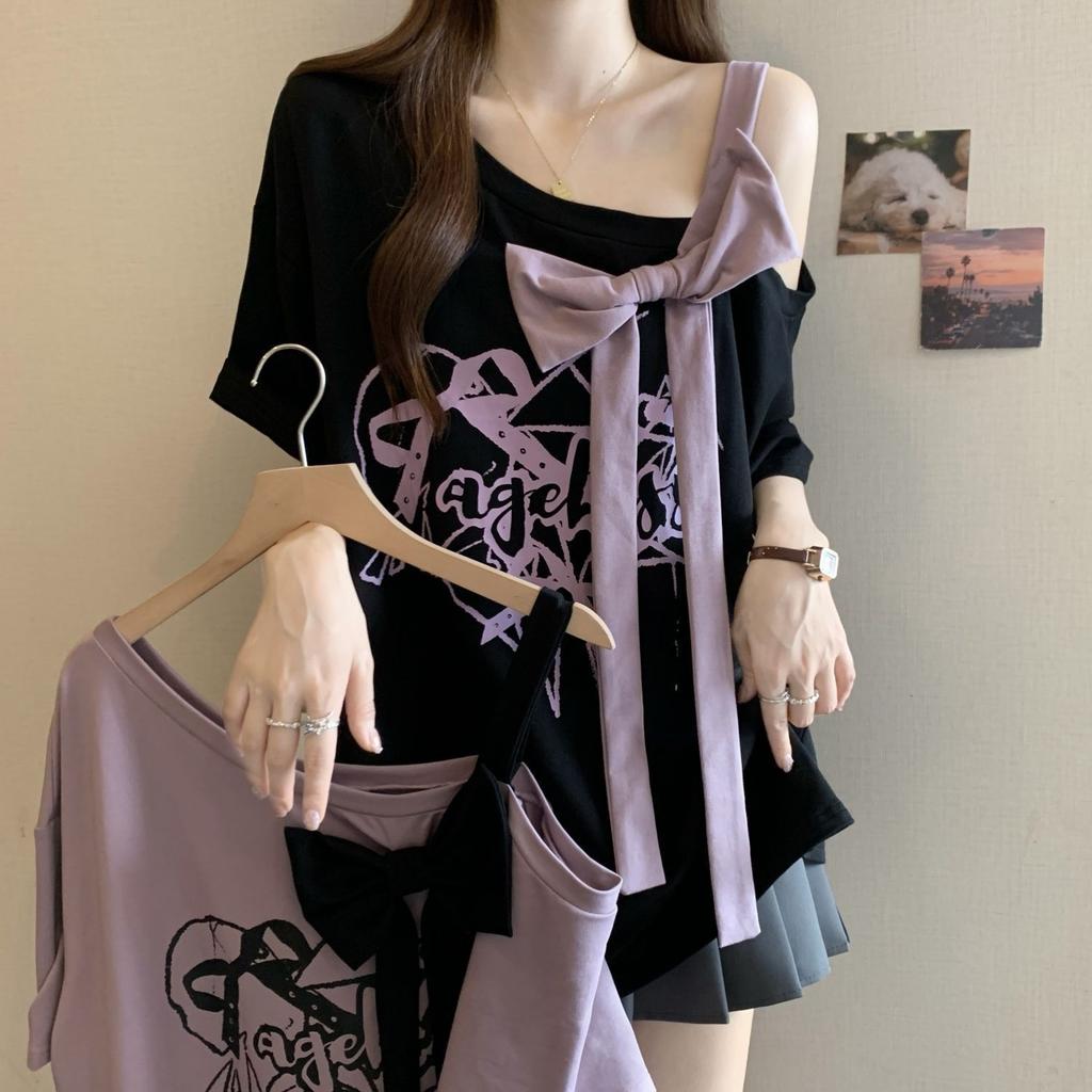 Large size three-dimensional bow off-the-shoulder thin short-sleeved t-shirt women's summer new loose meat-covering fashion top