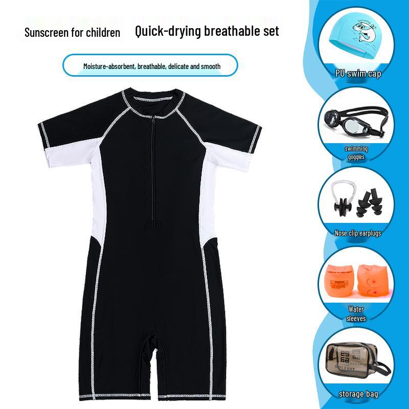2025 New Boys' One-Piece Swimsuit: Sun Protection & Professional Training Wear for Medium & Large Kids