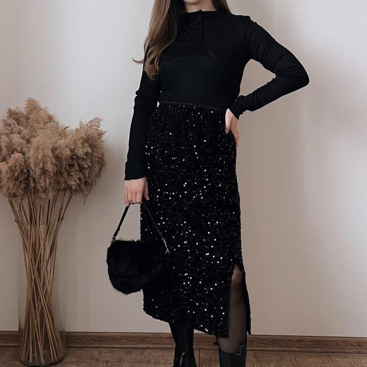 Outono e inverno cor sólida veludo lantejoulas midi vestido all-match elegante sexy saia feminina