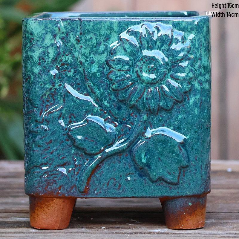 Handgefertigter unregelmäßiger quadratischer Keramik-Blumentopf für Sukkulenten - Pflanztopf mit großem Durchmesser für Mischbepflanzung