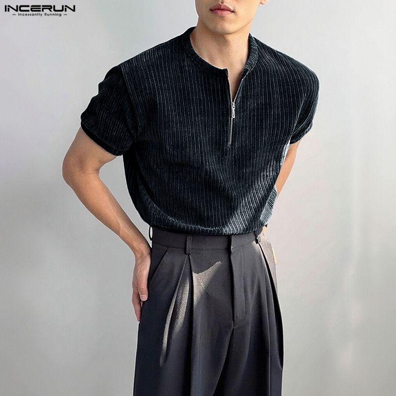 INCERUN Men Zip-up Neck Short Sleeve Texture Rib Casual T-Shirts Tops