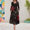 Women Plus Size Black Floral Printed Long Sleeve Round Neck A Line Midi Dress With Pockets