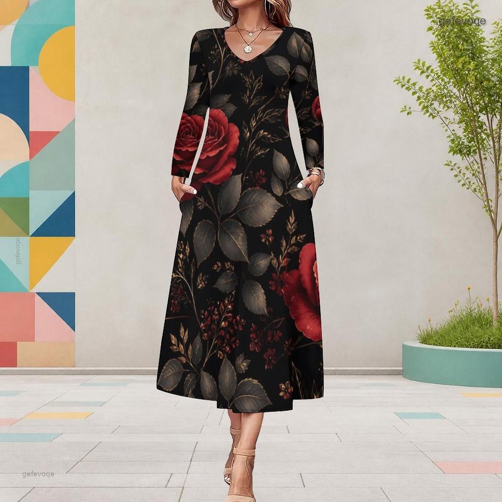 Women Plus Size Black Floral Printed Long Sleeve Round Neck A Line Midi Dress With Pockets