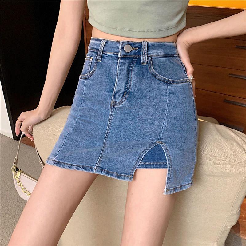 Youthful and Slimming Half-body Skirt Elastic High-waisted A-line Short Skirt Pants Split Package Hip Black Skirt Ms. Summer Fashion Denim Short Skirt