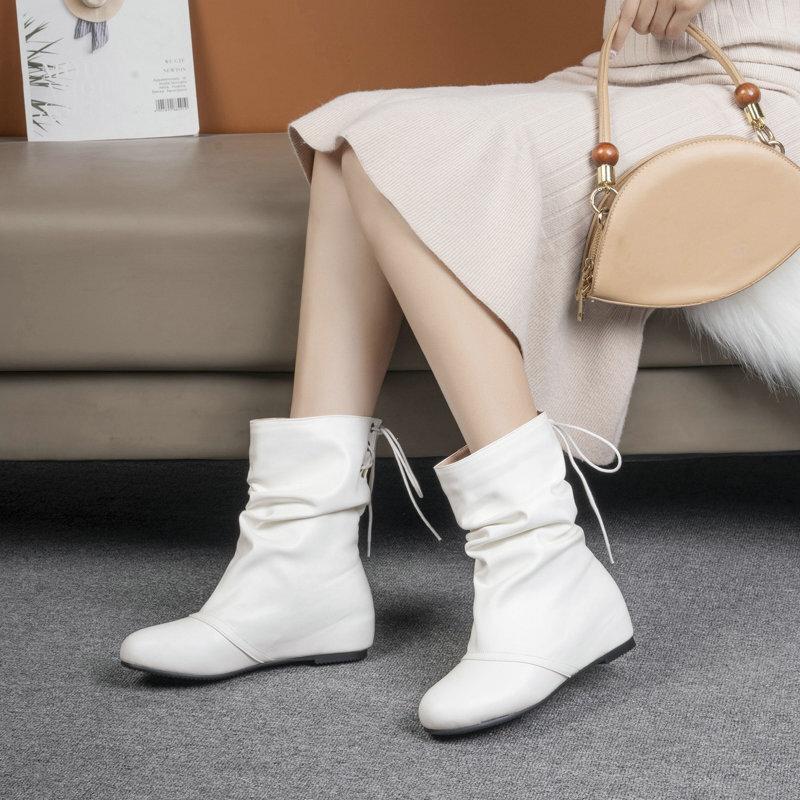 Women's Short Boots Black White Inner Height Increase and Naked Boots Wedge Heel Middle Heel Back Lace-Up Middle Boots Fashion Martin Boots Women