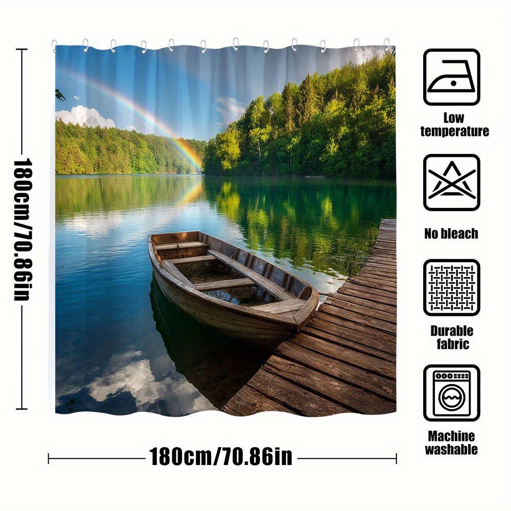 1Pc Serene Lakeside Scene Shower Curtain - Rustic Wooden Rowboat, Weathered Dock, Calm Turquoise Water, Lush Green Forest Reflec