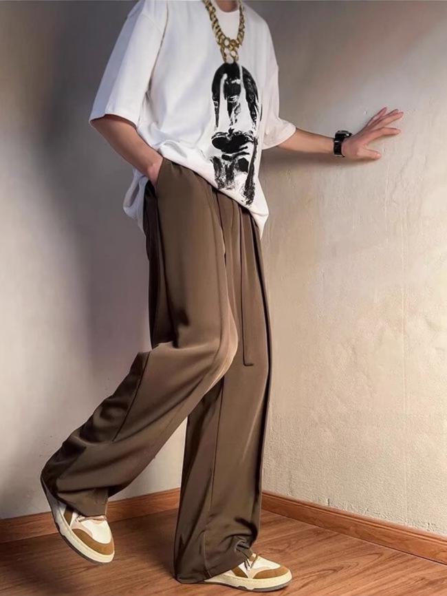 2025 Men's Autumn Trend: Solid Color Straight-Leg Casual Pants, Fashionable Wide-Leg Drape Design
