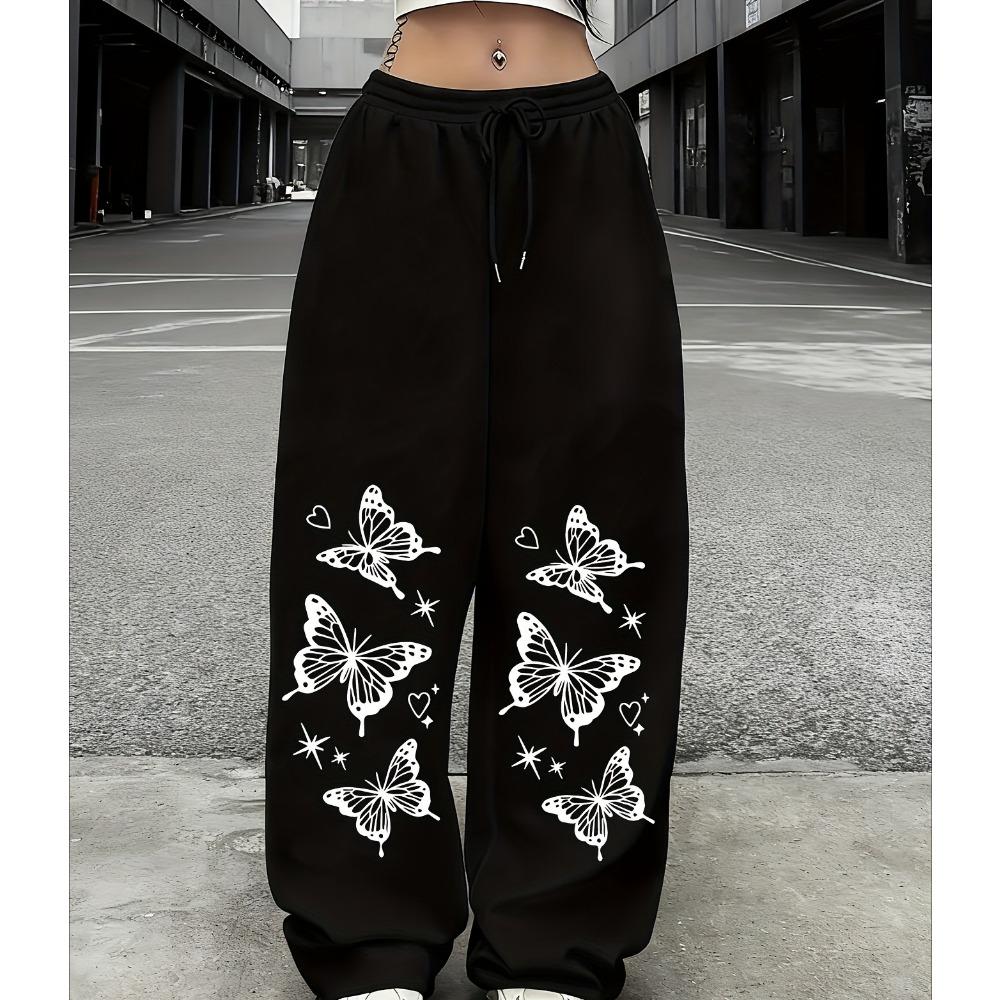 Casual Sportbroek met Vlinderafdruk, Trekkoord en Elastische Taille, Amerikaanse Casual Trend, Dames