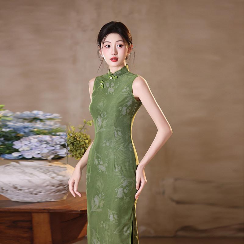 Green sleeveless national style new Chinese daily Suzhou long cheongsam improved young 1011 new women's high sense