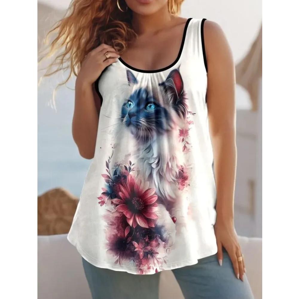 Casual Loose Flower Print T-shirt Fashionable Versatile Women's Top Comfortable Camis Tank Tops