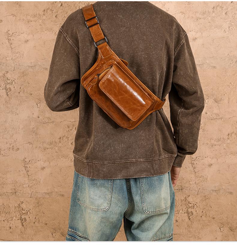 Men's Vintage Leather Crossbody Chest Bag - Casual Commuter Waist Bag