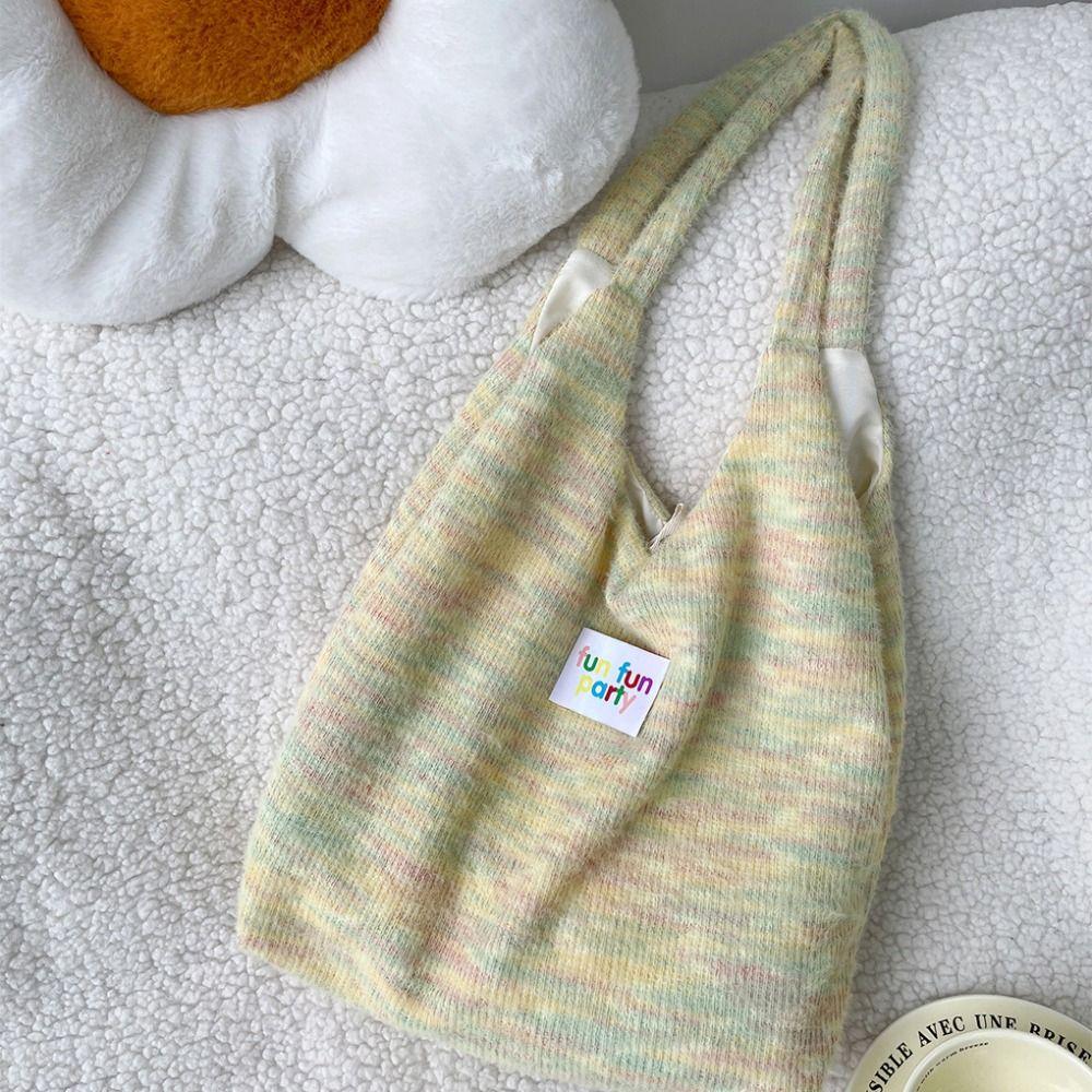 

Strip Plush Wool Shoulder Bag Large Capacity Shoulder Bag Portable Vacation Tote Bag Shopping синий