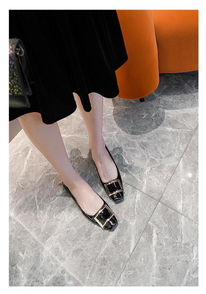 2026 Elephant Grey Patent Leather Chunky Heel Buckle Shoes - 2.5CM Square Toe, Low Cut Women's Heels