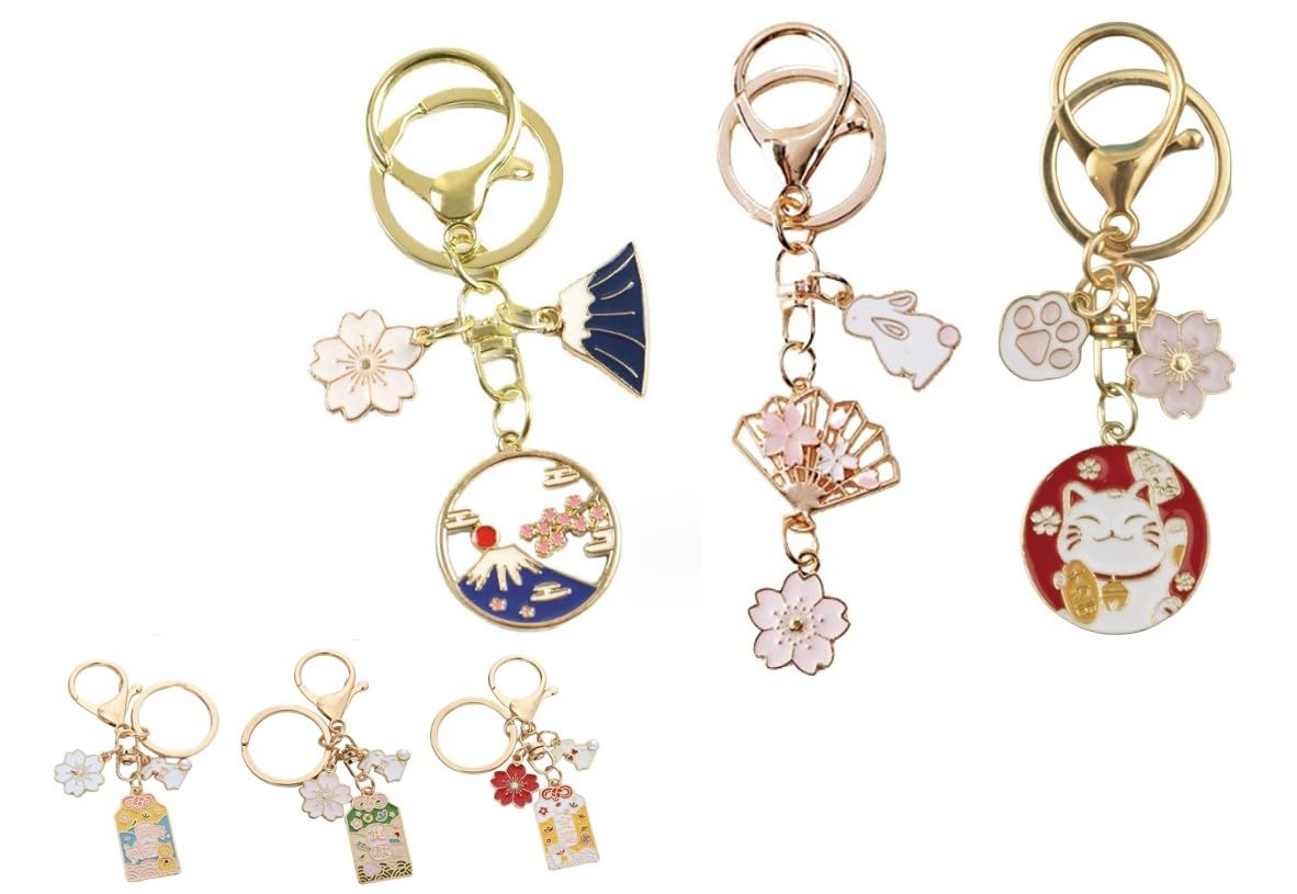 Villageriver Keychain, Japanese Souvenir for Foreigners, Mt. Fuji, Cherry Blossom, Maneki-neko, Omamori (Mt. Fuji 3-Piece Set)