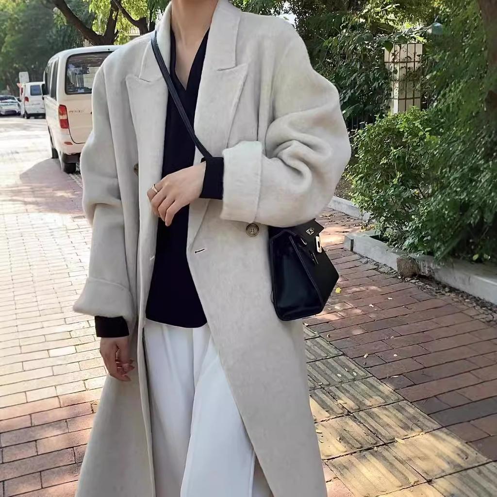 [Autumn and Winter] Simple Suit Loose Double-sided Wool Coat Double-breasted Long White