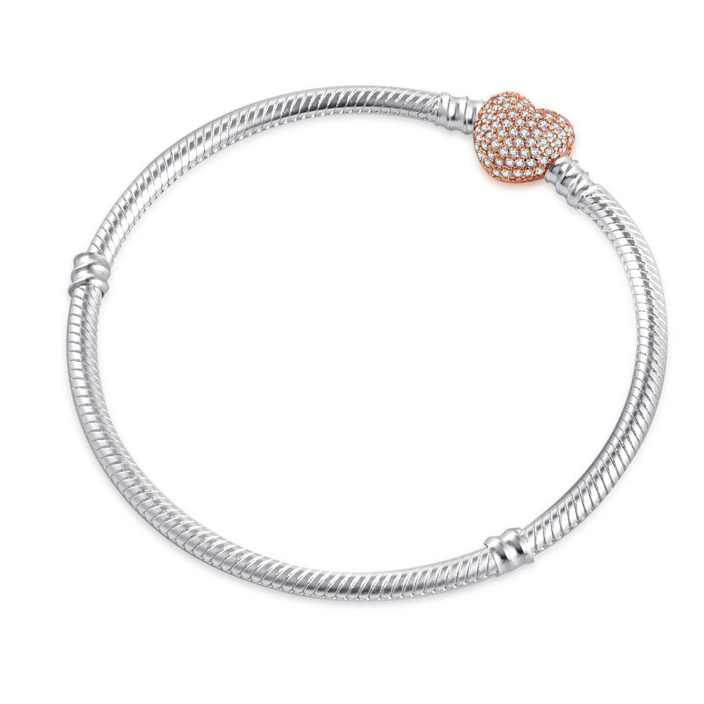 925 Sterling Silver Snake Chain Bracelet for Women Heart Cubic Zirconia Charms Bangle Rose Gold Plated DIY Fashion Jewelry Gift