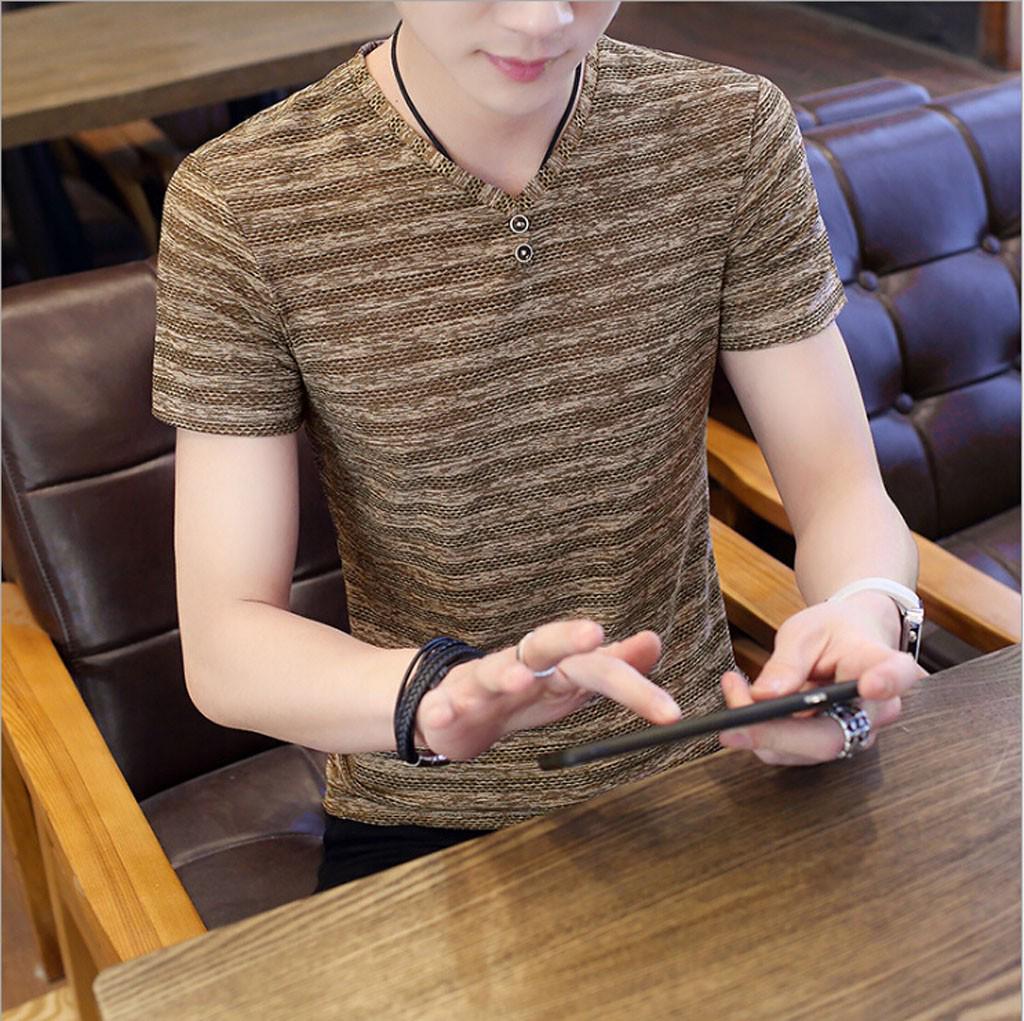 

Men Casual Summer Short-Sleeved T-Shirt Regular Striped Hollowed Out Shirt Tops