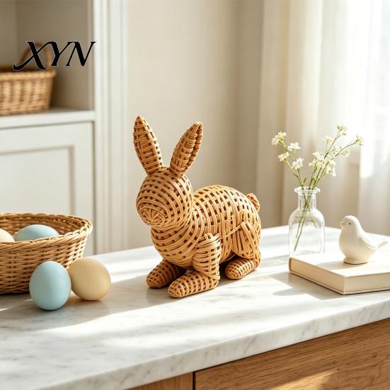 3D Printed Animal Decor Wicker?Look Bunny Figurine, Rattan Texture Rabbit Statue, Tabletop Decorative Weather Resistant Ornament for Indoor Outdoor