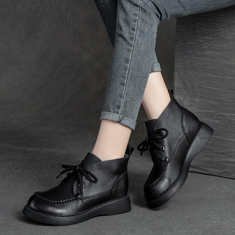 Johnature Retro Women Short Boots Genuine Leather Lace-Up Shoes Handmade Round Toe Soft Sole Flat Boots